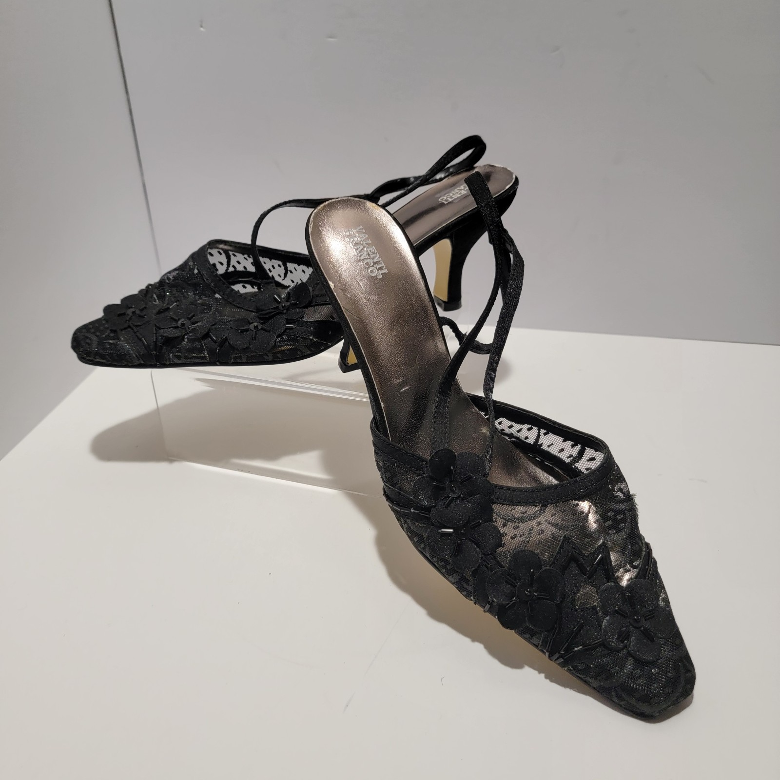 VALENTI FRANCO – BLACK LACE SLINGBACK 3.5″ POINTED-TOE PUMPS – LADIES 8.5