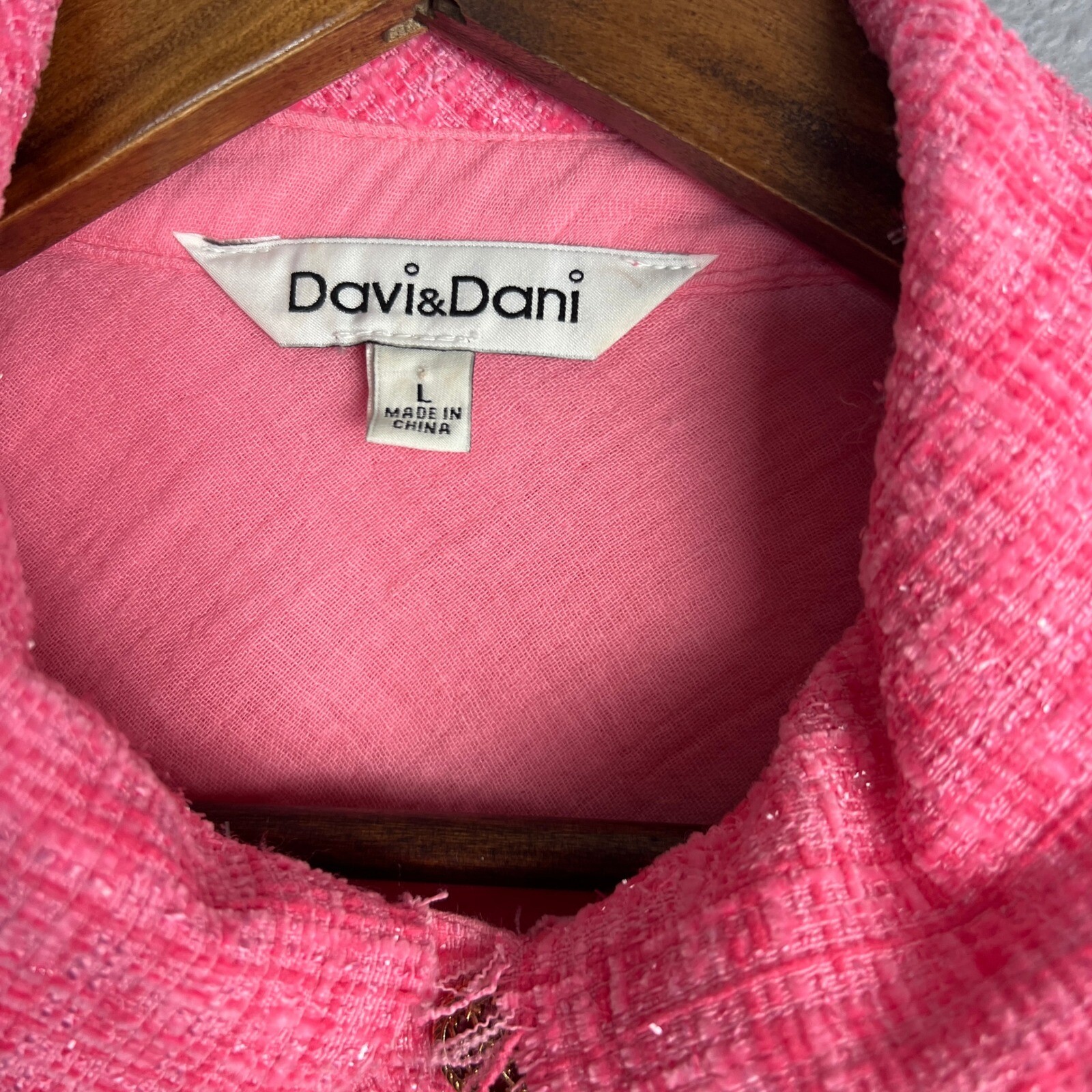 Davi & Dani Barbie Pink Tweed Accent Button Down Mixed Media Boho Shirt Large