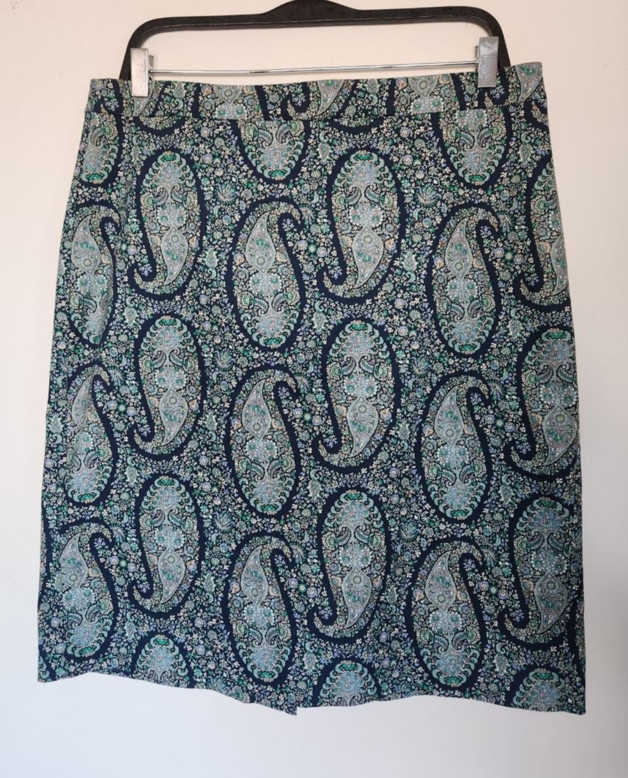 J Crew Pencil Skirt Paisley, Size 12, Cotton, Navy Teal Green +, Orig. ~$90!