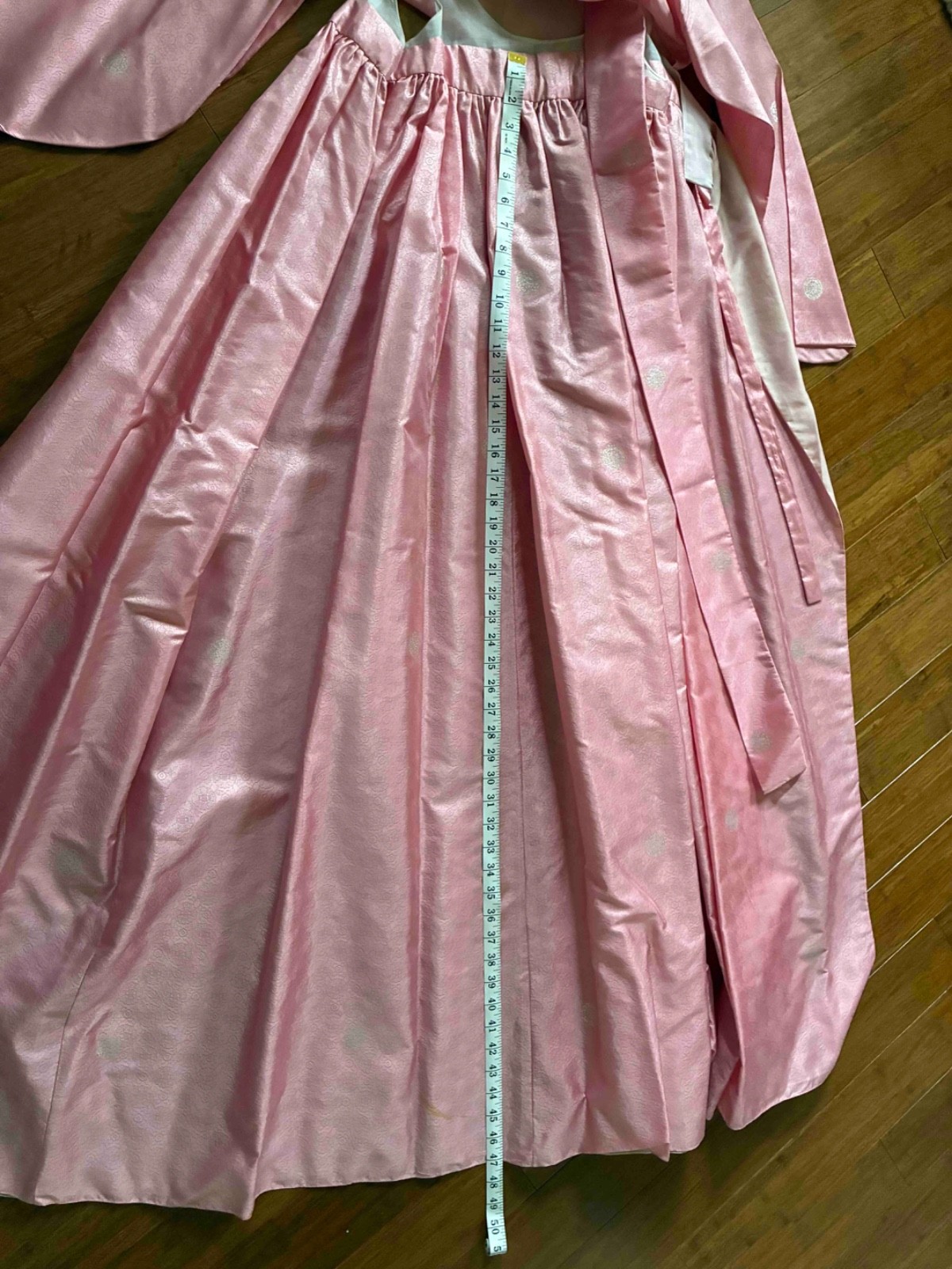 Vintage authentic Korean hanbok dress, pink with metallic silver, small