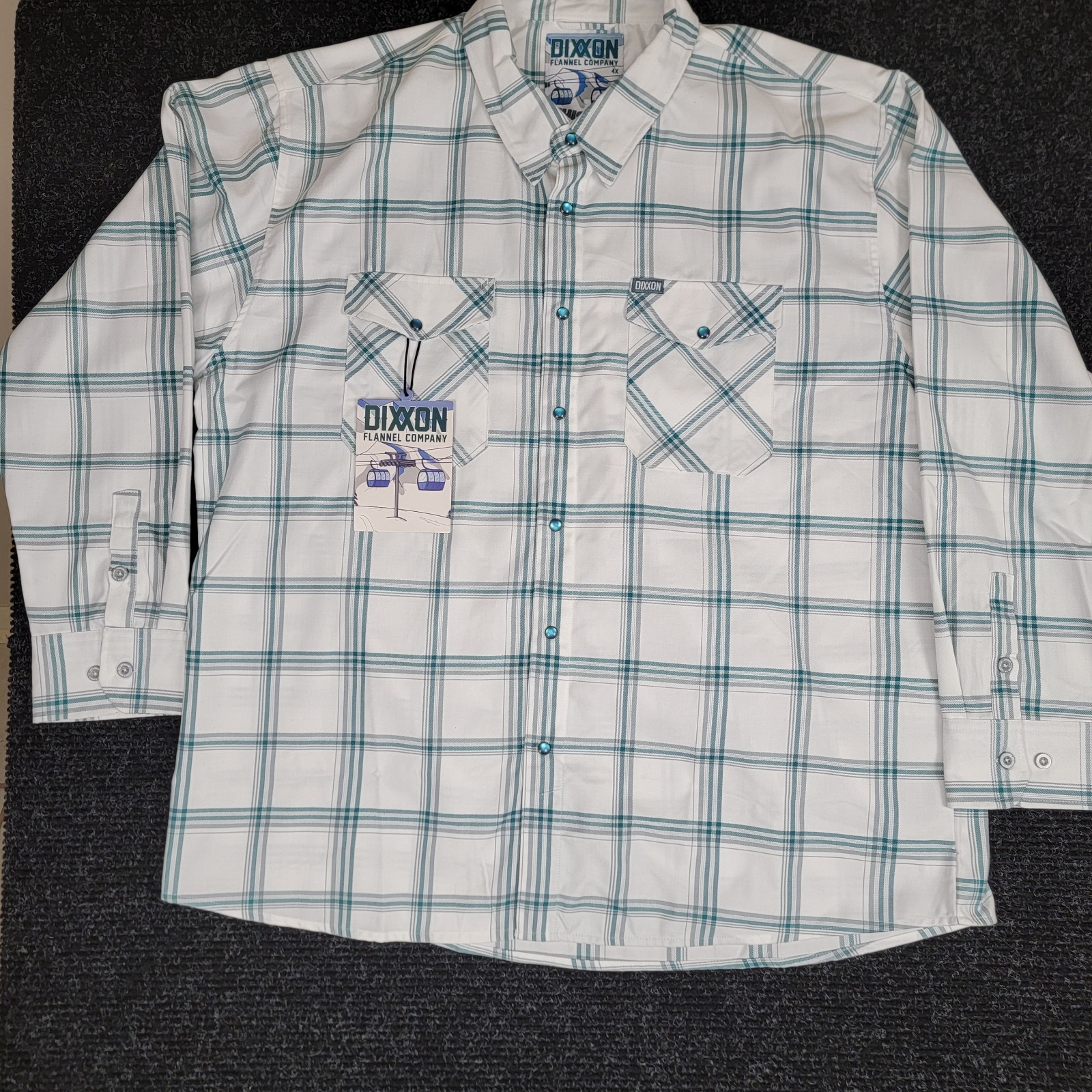 Dixxon Flannel Co “Whistler” Button Up Shirt 4X NWT White Teal Plaid D-Tech