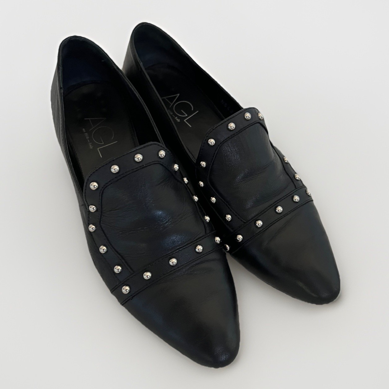 AGL Shoes Womens Black Leather Loafers Pointed Toe Slip On Casual Italy US 8