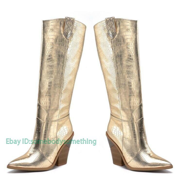 Women Pointy Toe Block Heel Cowboy Knee High Boots Pull On Outdoor Casual Shoes