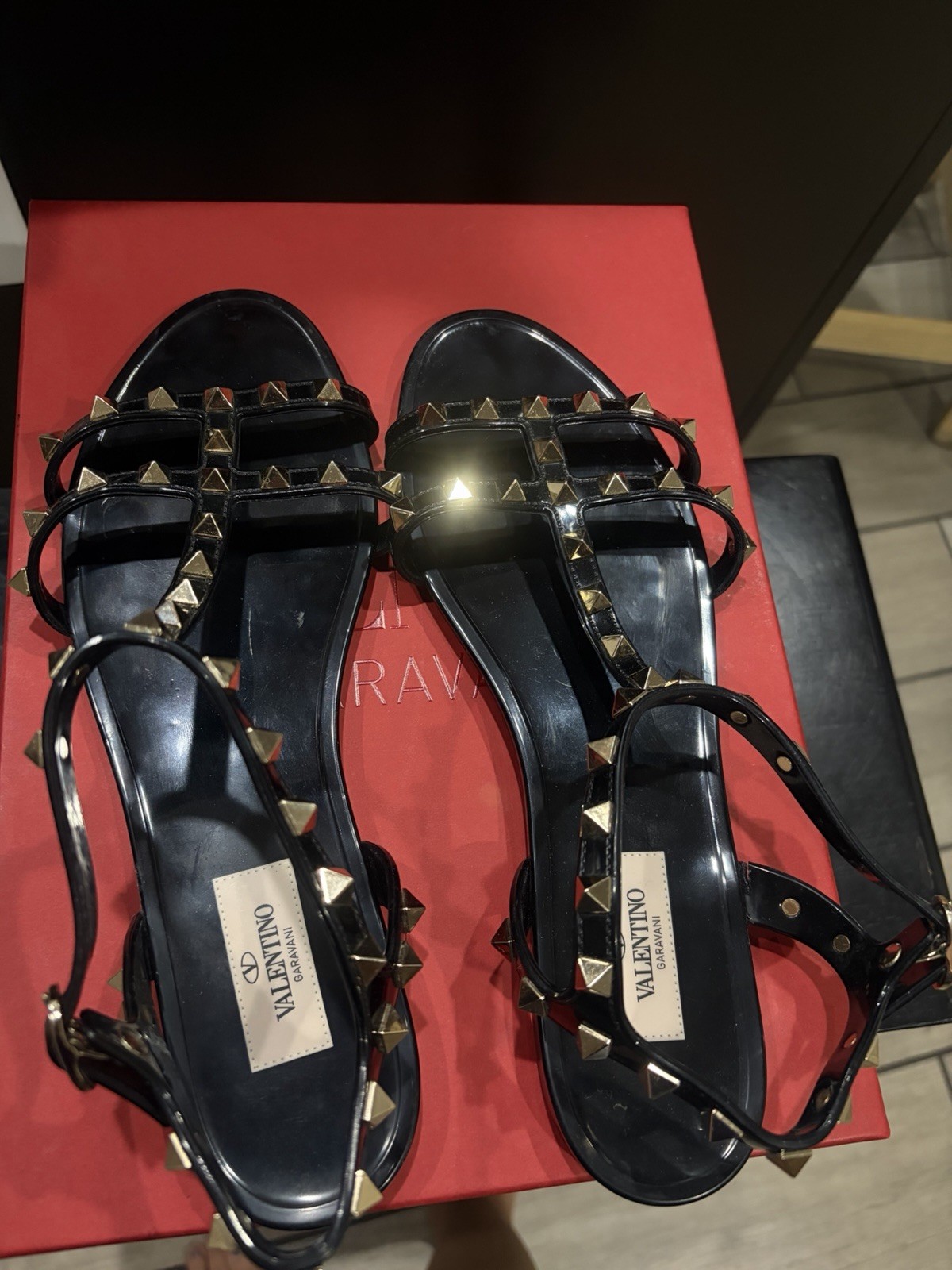 Valentino Garavani Black Rockstud Rubber Flat Sandals Size 39 US 9