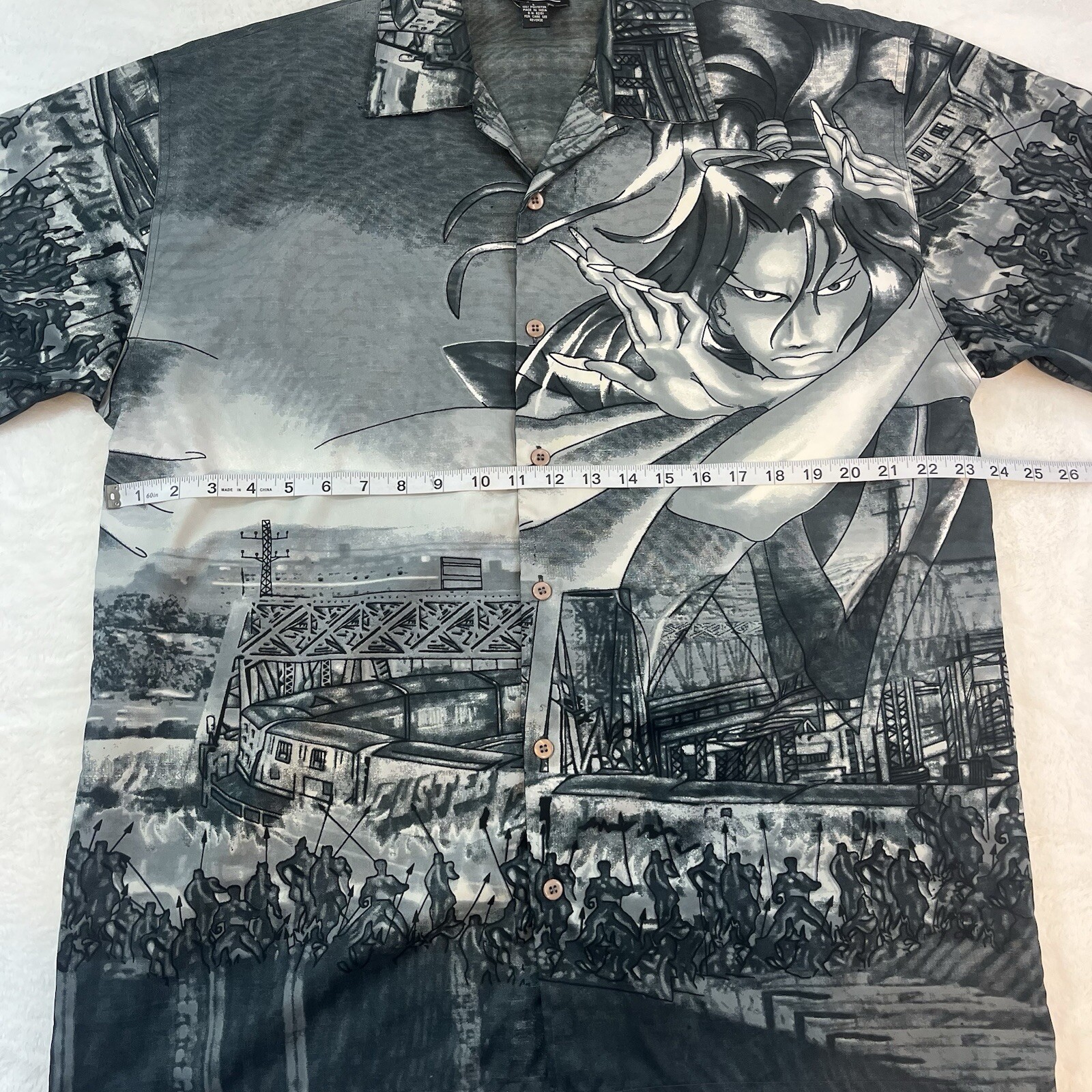 Vtg R-WORLD Japanese Samurai Anime All Over Print Graphic Button Up Shirt Sz LG