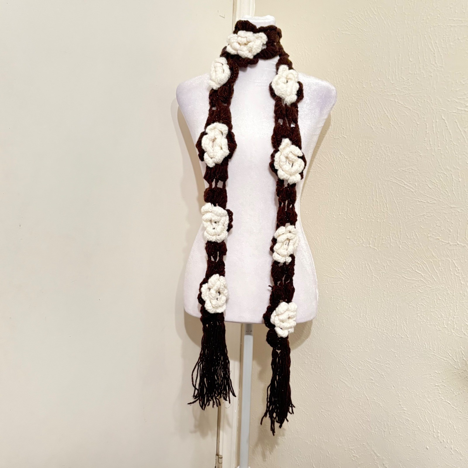 Dark Brown Copper Metallic Extra Long Skinny Scarf White Crochet Flowers Fairy