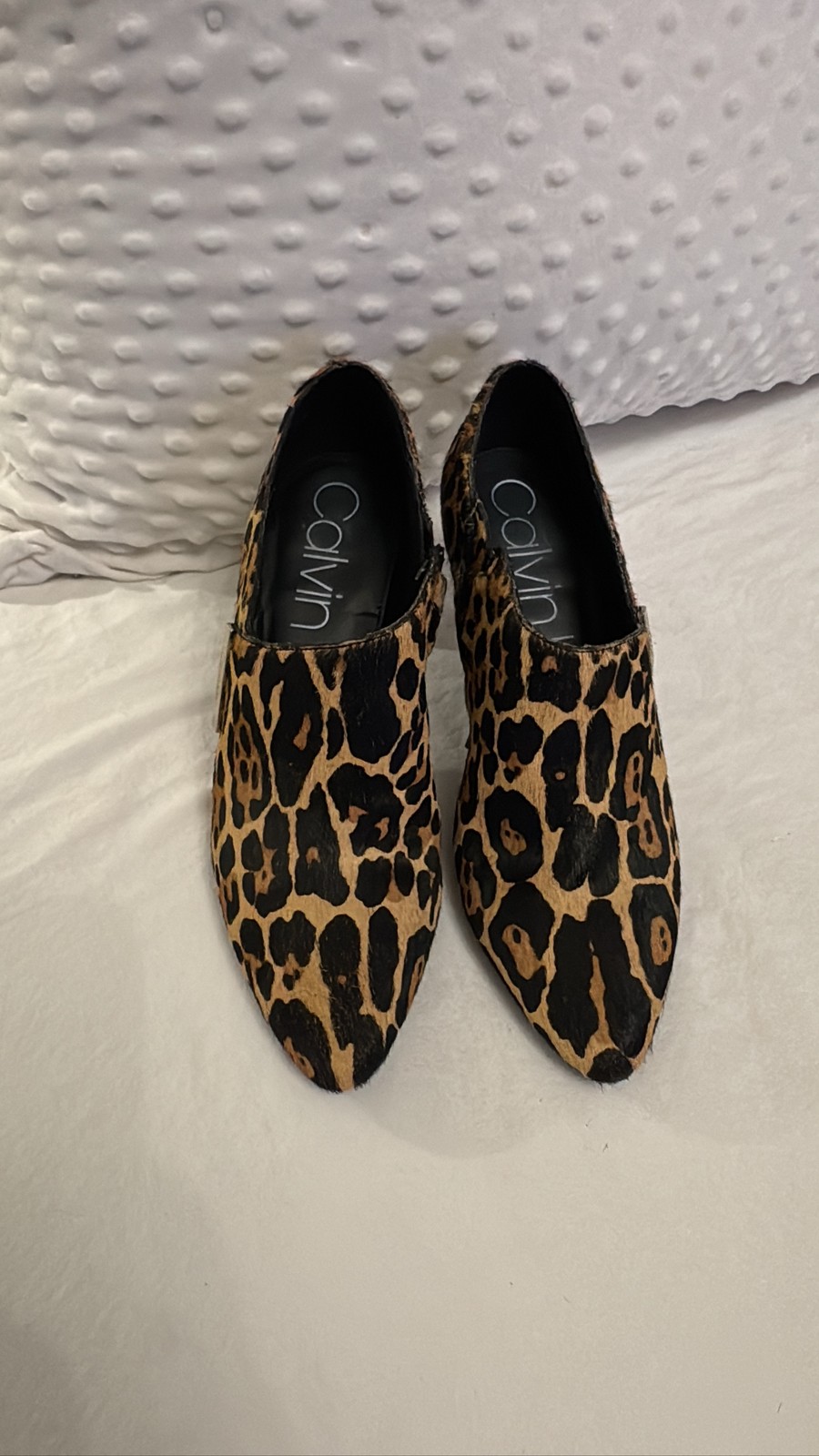 Calvin Klein Womens Leopard Print Calf Hair Stiletto Ankle Booties