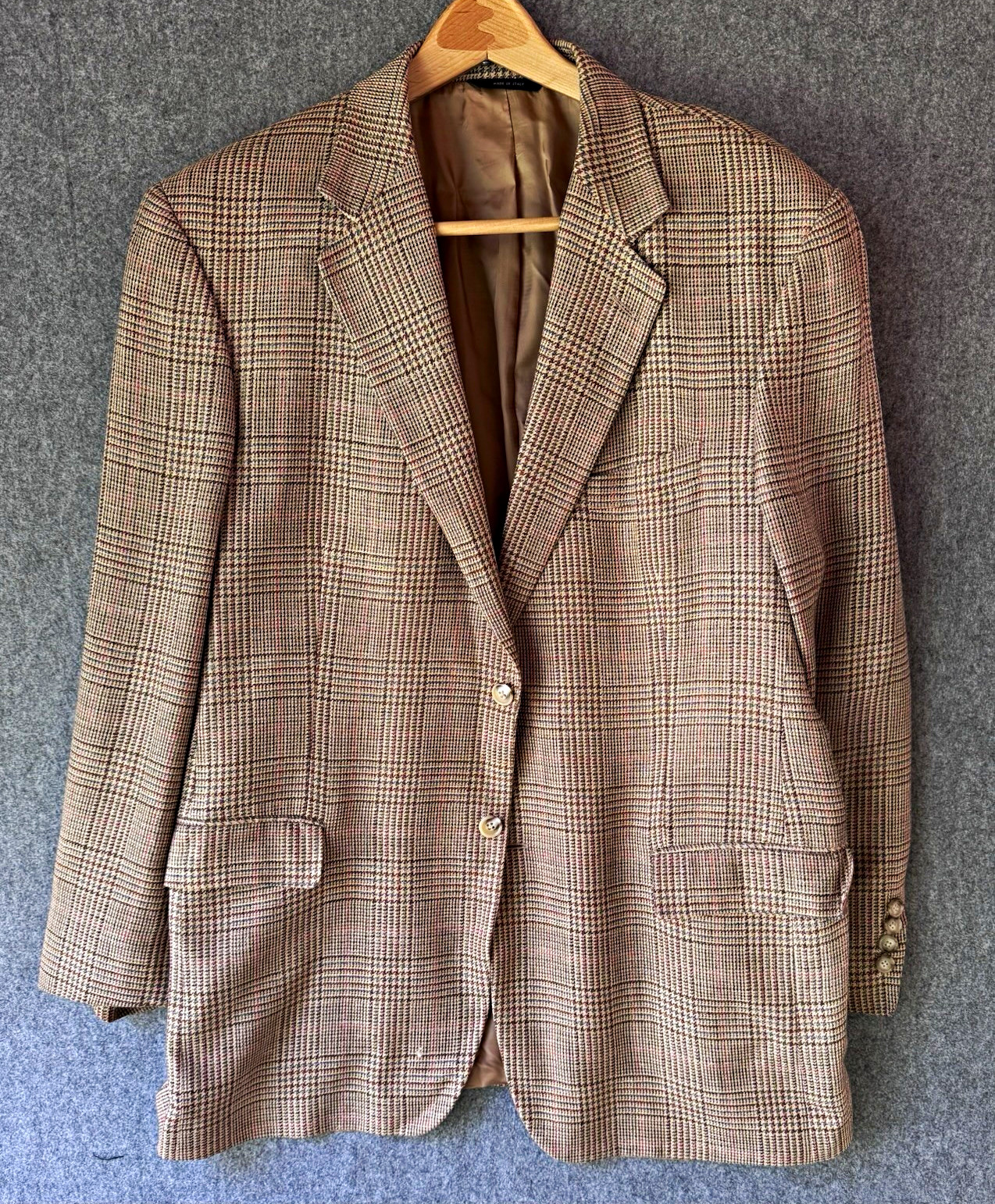 Brooks Brothers Men’s Brown Plaid Tweed Silk Linen Wool Sport Coat 44 Made Italy