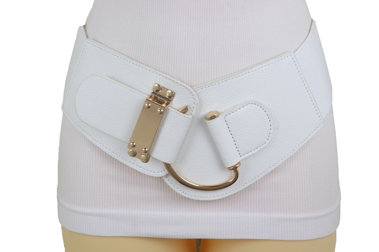 Women White Wide Comfortable Elastic Waistband Belt Gold Metal Hook Buckle L XL