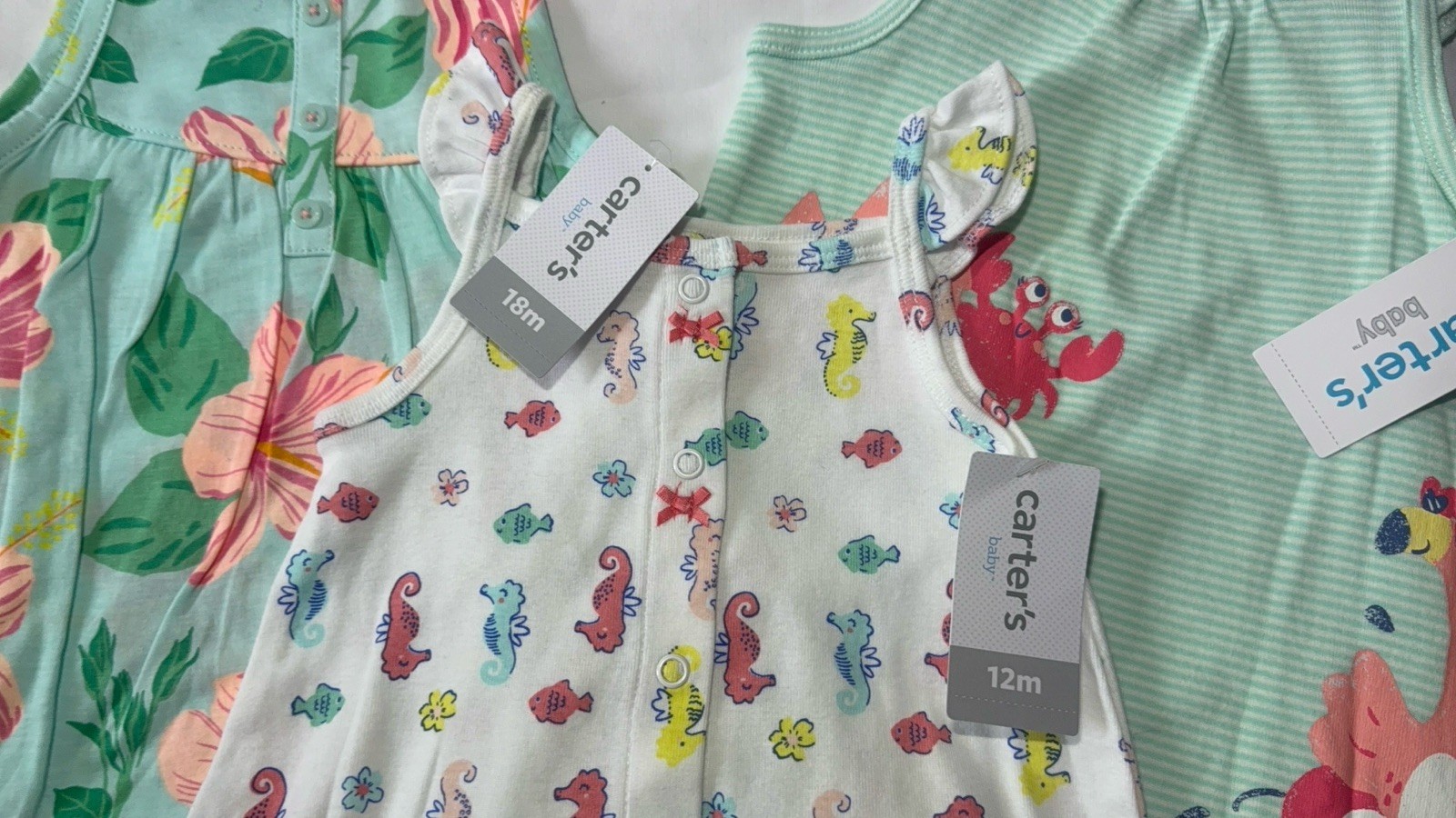 NWT Carter’s Baby Girl Romper Lot 3 Pc Tropical Floral Seahorse Crab 12M 18M