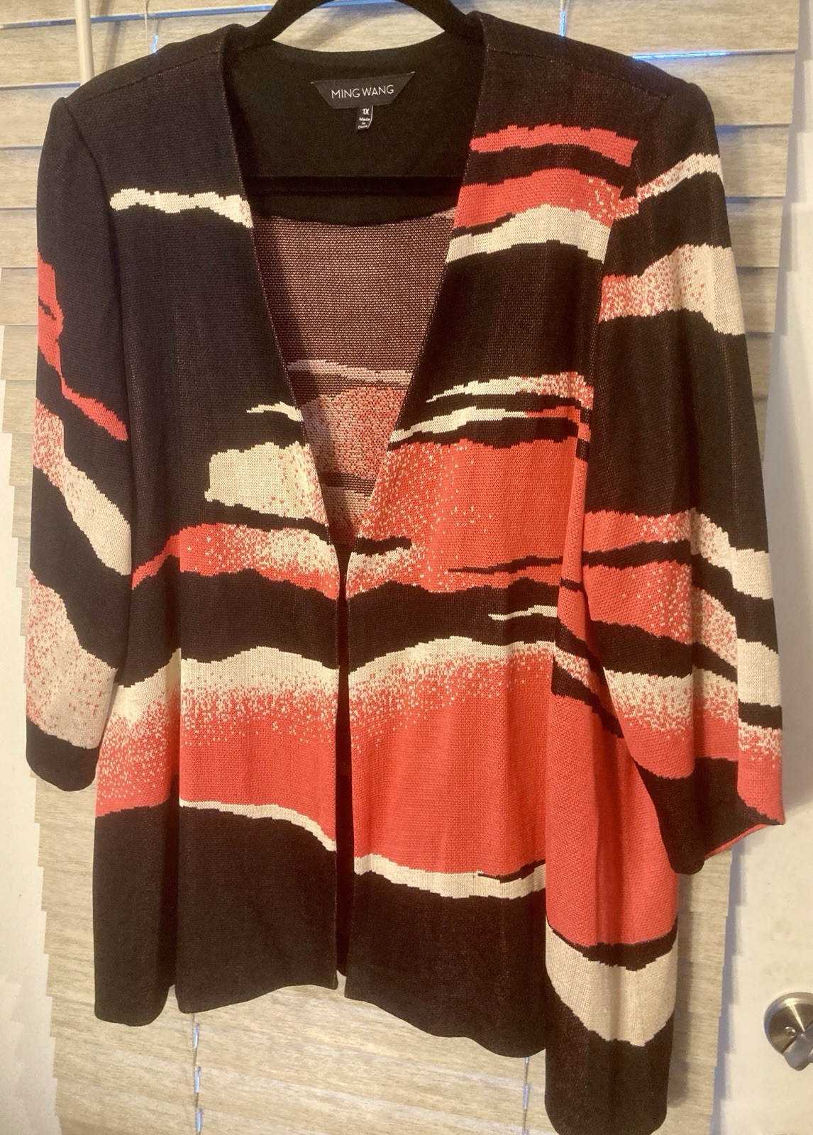 Ming Wang Black & Coral Abstract Print Jacket Sz 1X Relaxed Artsy Oriental