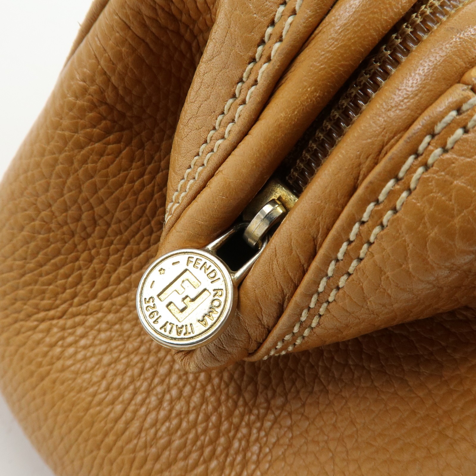 FENDI FF Logo Leather 2Way Bag Hand Bag Boston Bag Camel Authentic Used F/S