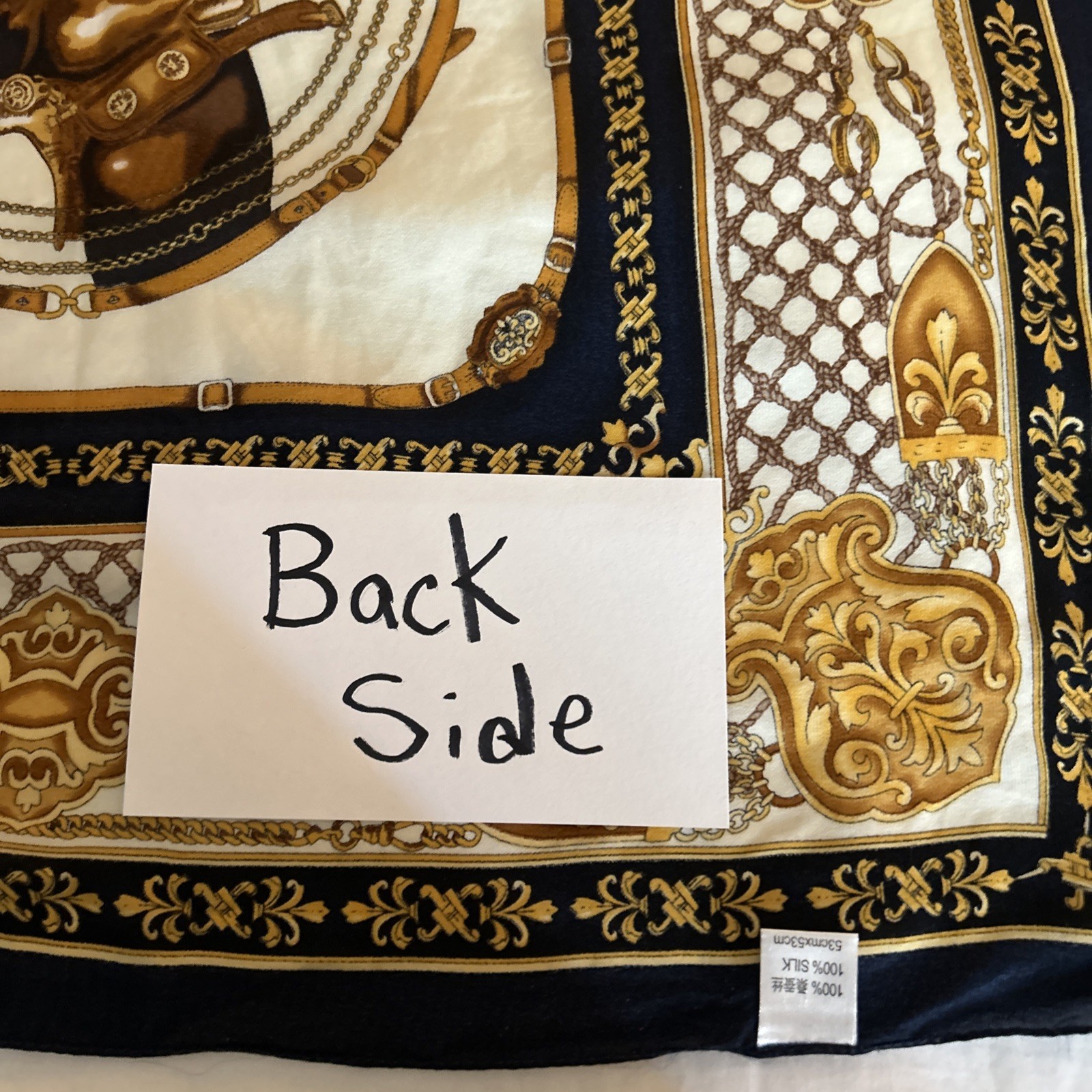 Scarf 100% Silk Gold Navy Blue And Beige Equestrian Scarf 20 Inches By 20 Inches