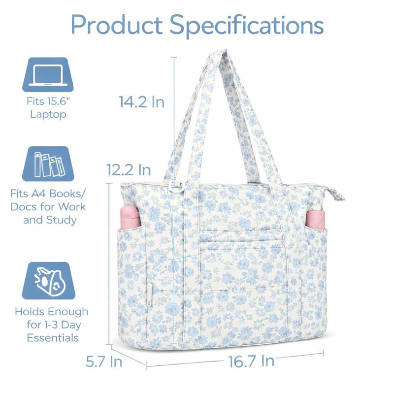 Quilted Tote Bag for Women, Lightweight Quilted Bag with Zipper, Blue Floral