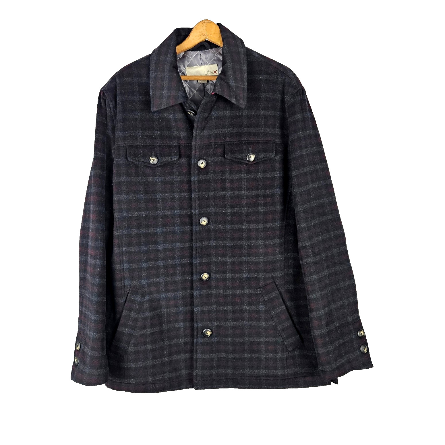 Utex Plaid Wool Shacket Jacket Mens L Burgundy Dark Gray Quilt Lining Insulated