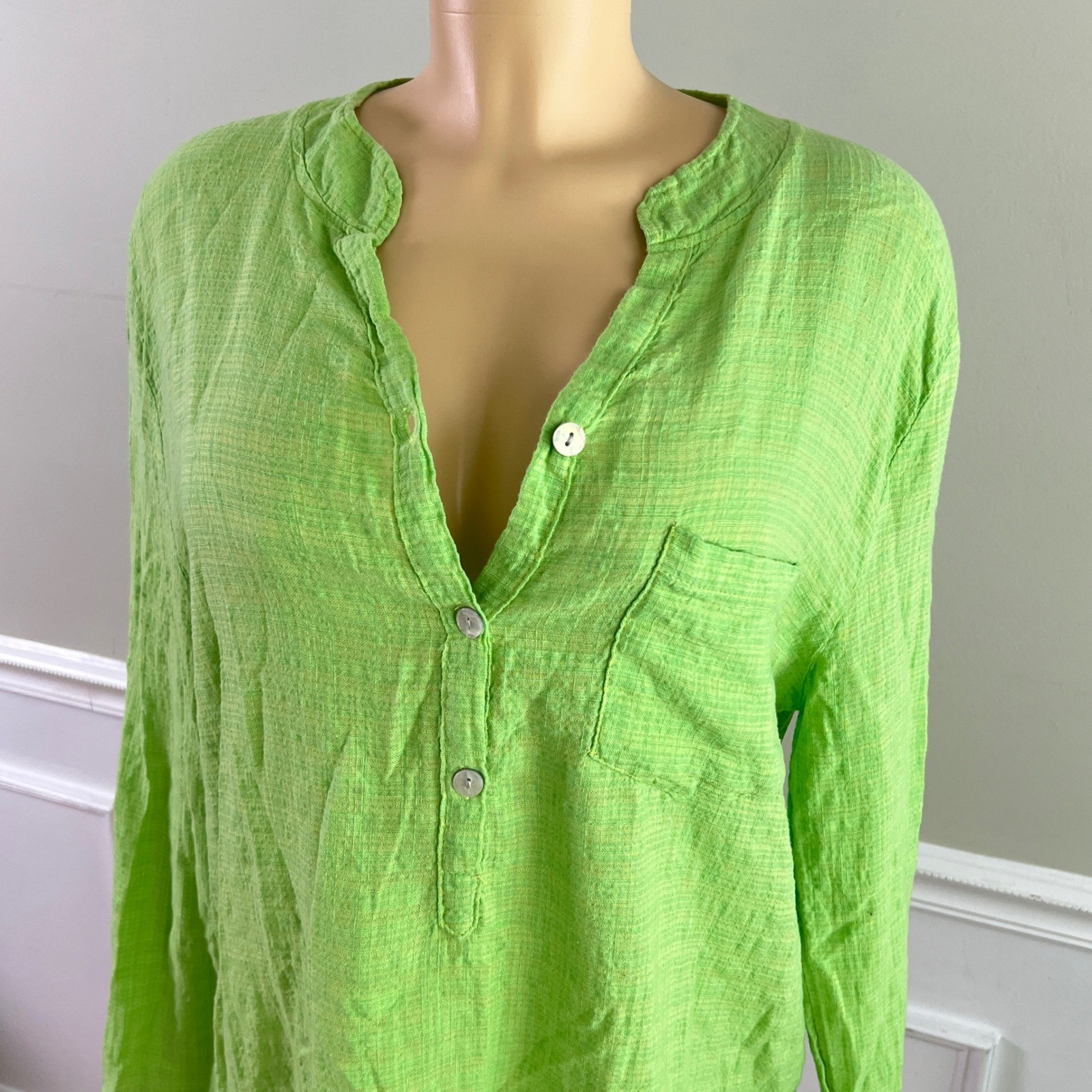 Ceylan Otantik Henley Tunic L Womens Roll Tab Gauze Boho Lime Green Turkey Top