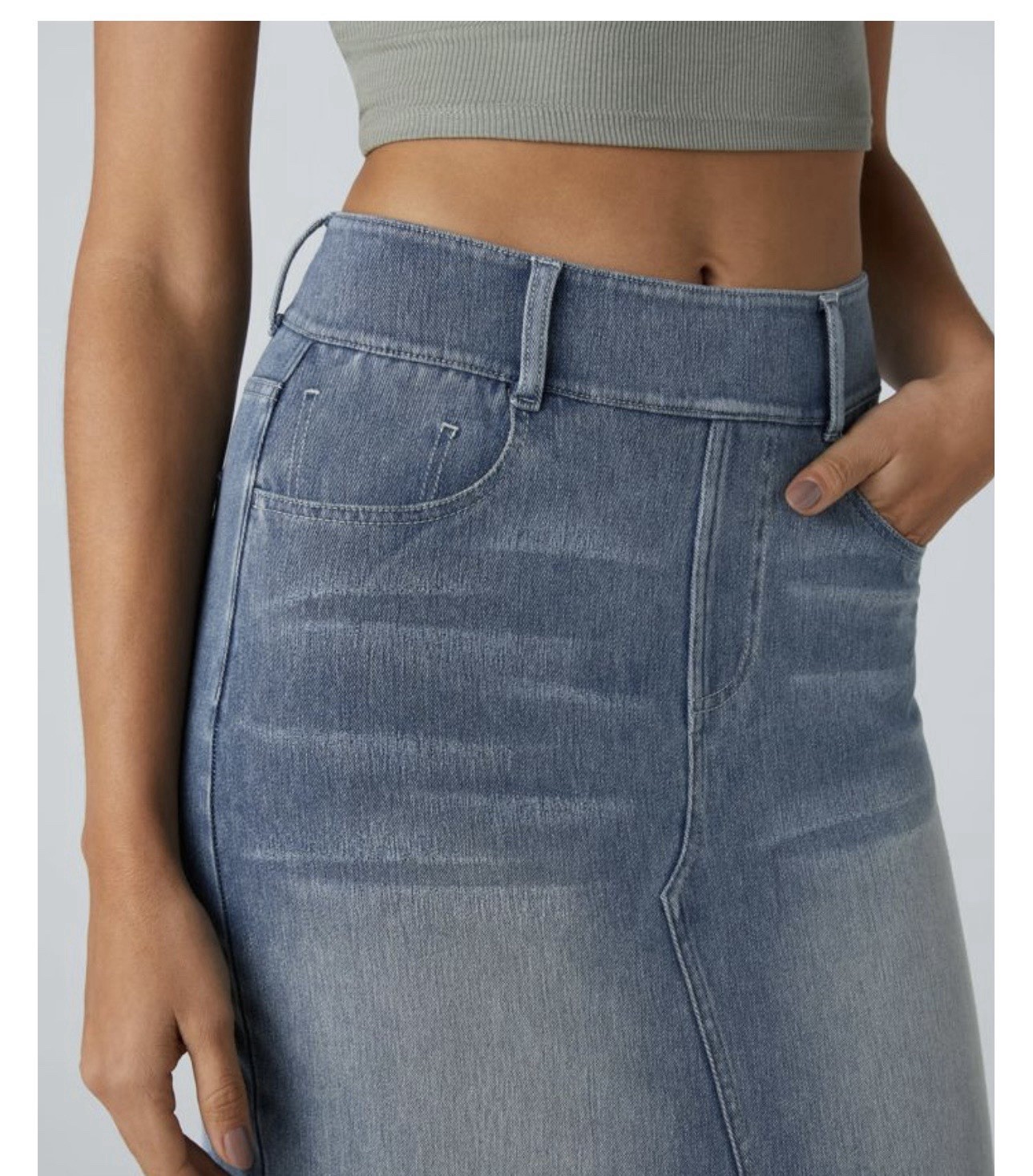 Halara Blue Gray Denim High Rise Pencil Midi Skirt Stretch Pockets Slit S