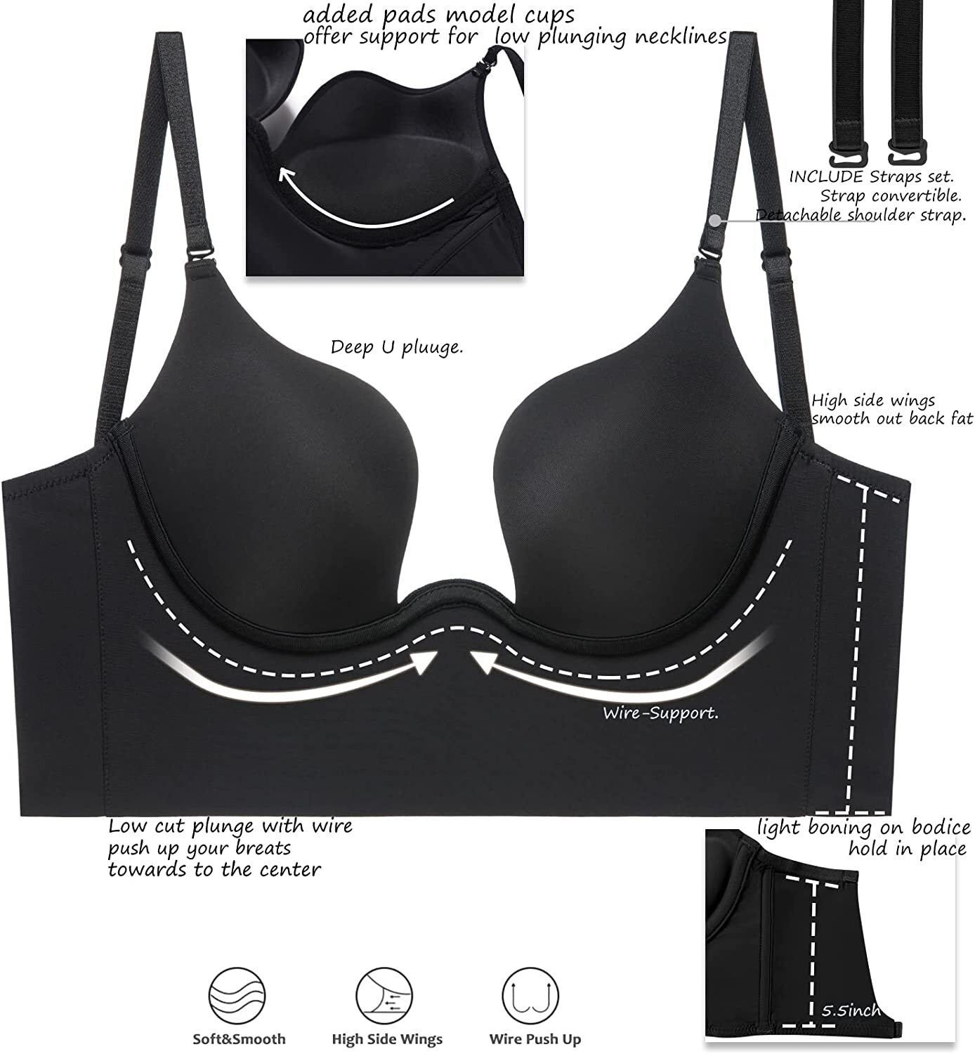Women Low Back Bra Deep U Plunge Backless Bra Multiway Convertible Low Cut Open