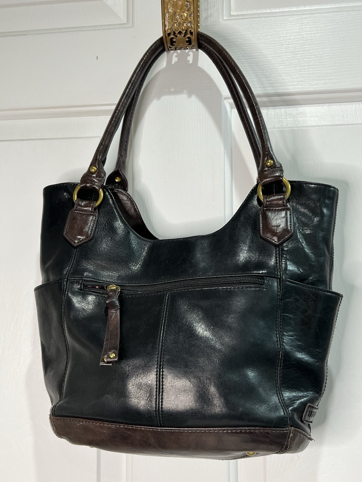 Tignanello Black Leather And Brown Man Made Trim Color Block Shoulder Bag