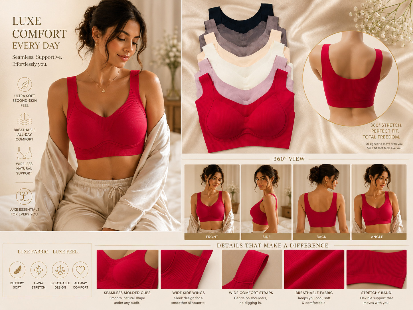 3PCS Anti-Sagging Nylon Full Cup Design Seamless Side Support Bra Soft Bralette
