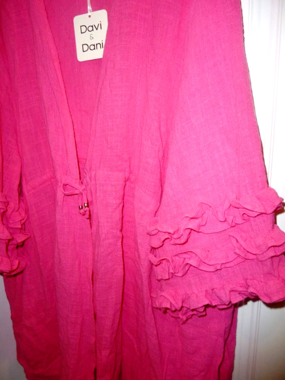 NWT Davi & Dani Hot Pink Gauzy Cotton Cardigan With Ruffle Accents 3XL