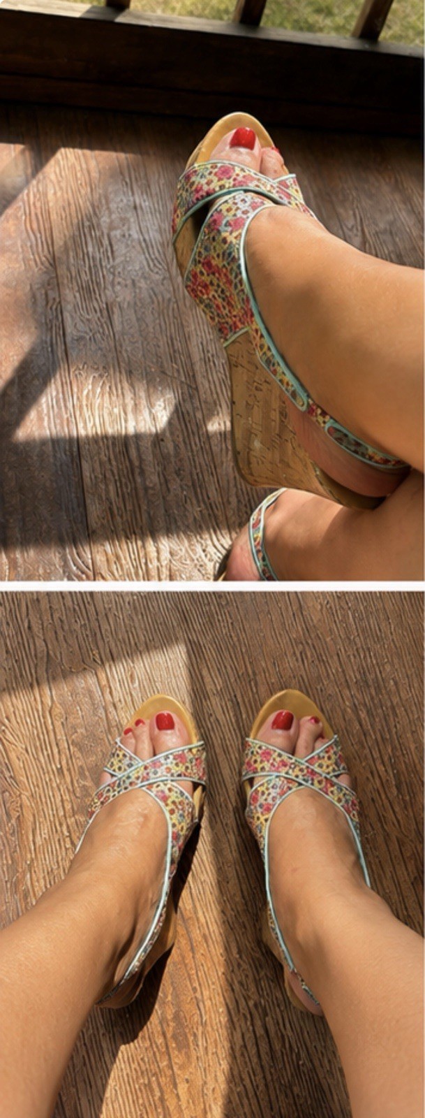 Floral Beige Wedge Sandals Ankle Strap Buckle Sz 10 worn 😉