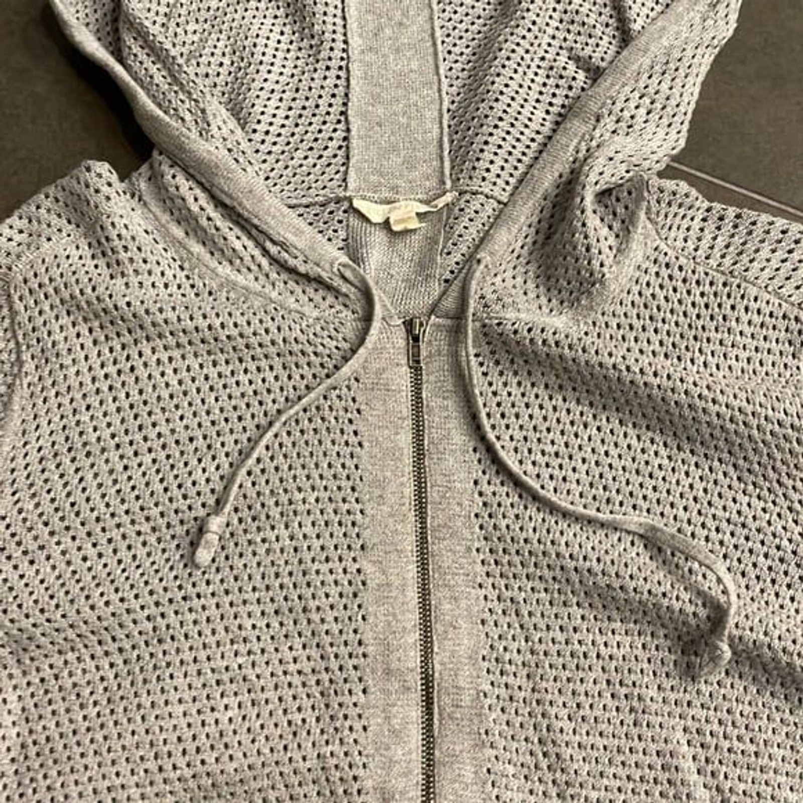 Eileen Fisher Gray Open Weave Hoodie Zip Front Sweater M