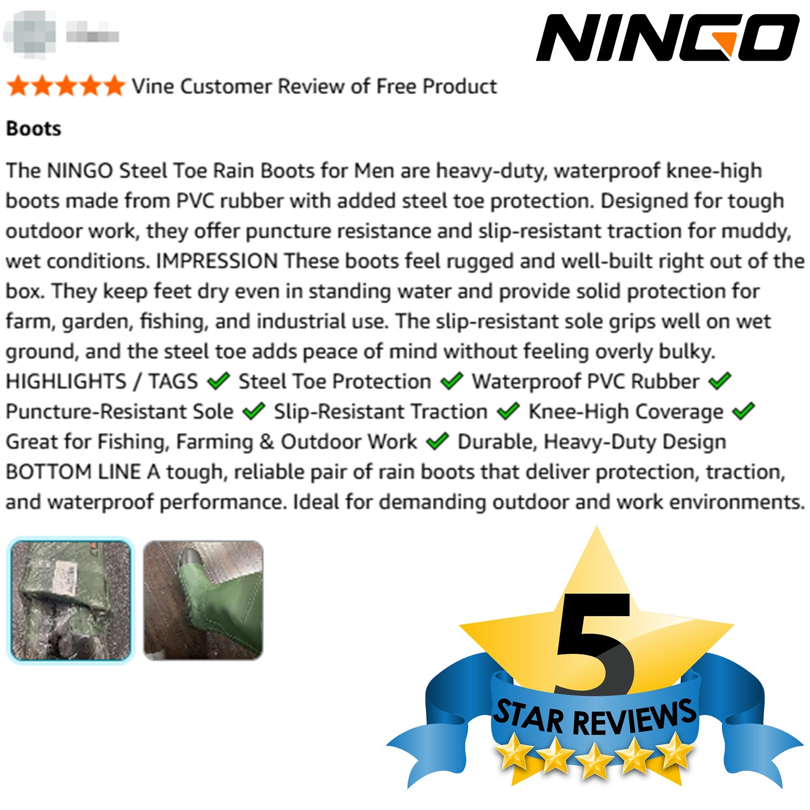 NINGO Men Steel Toe Waterproof Rain Boot Puncture & Slip Resistant Mud Work Boot
