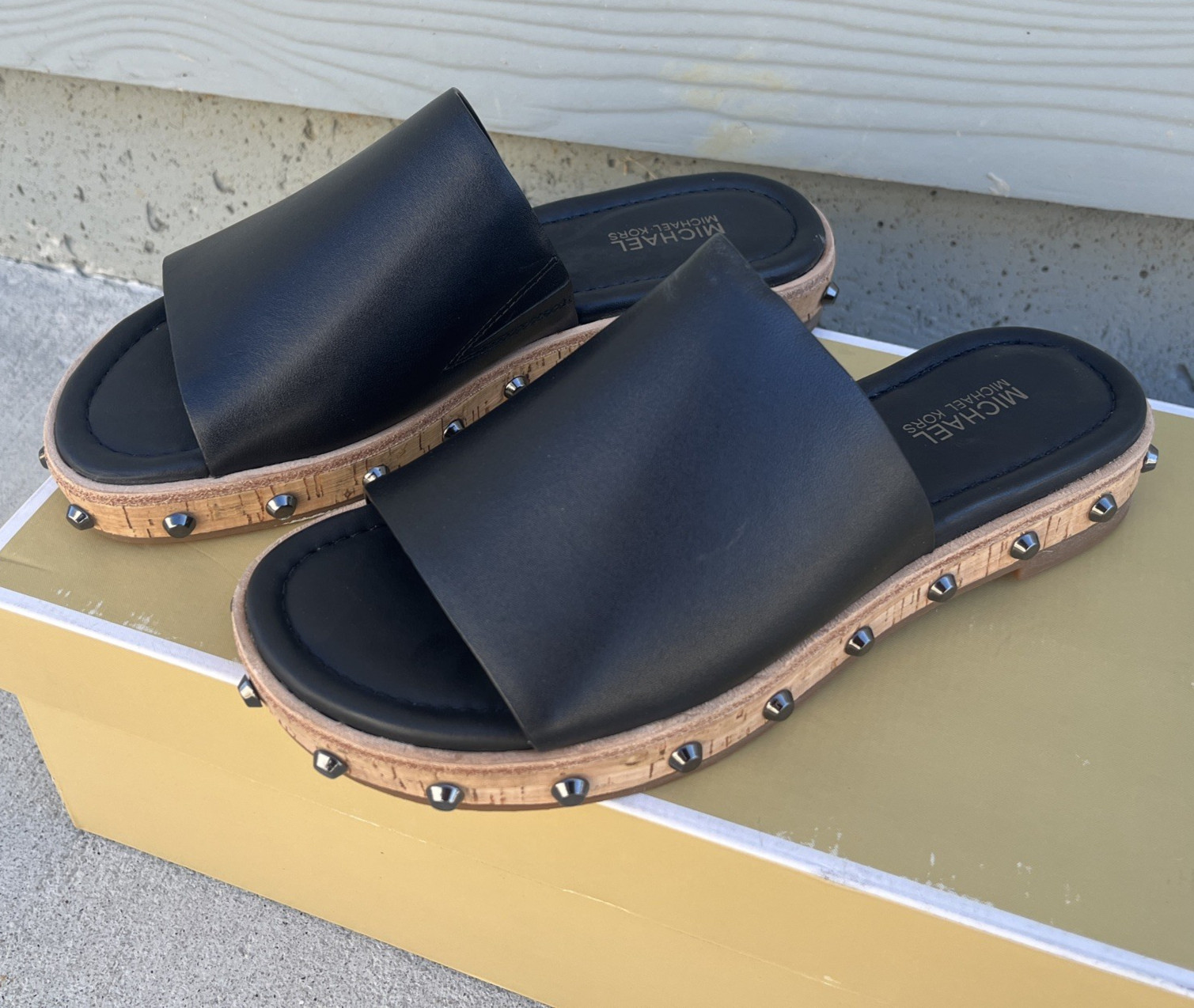 Michael Kors Ellen Slide Sandals Shoes Black Leather Rivets Accent Size 5 M New