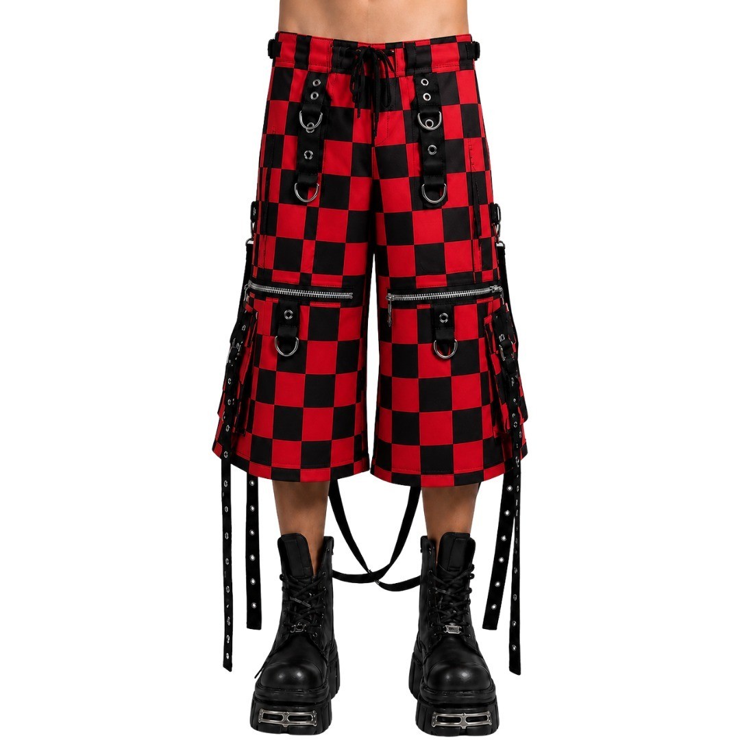 Men’s Cyber Goth Cargo Shorts Red Black Checkered Bondage Straps Wide Leg Punk