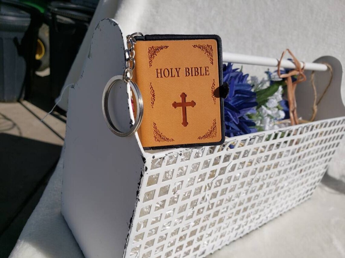 Leather Mini Bible Keychain, Orange Cover w/ Keyring, Jesus, Church, Christian