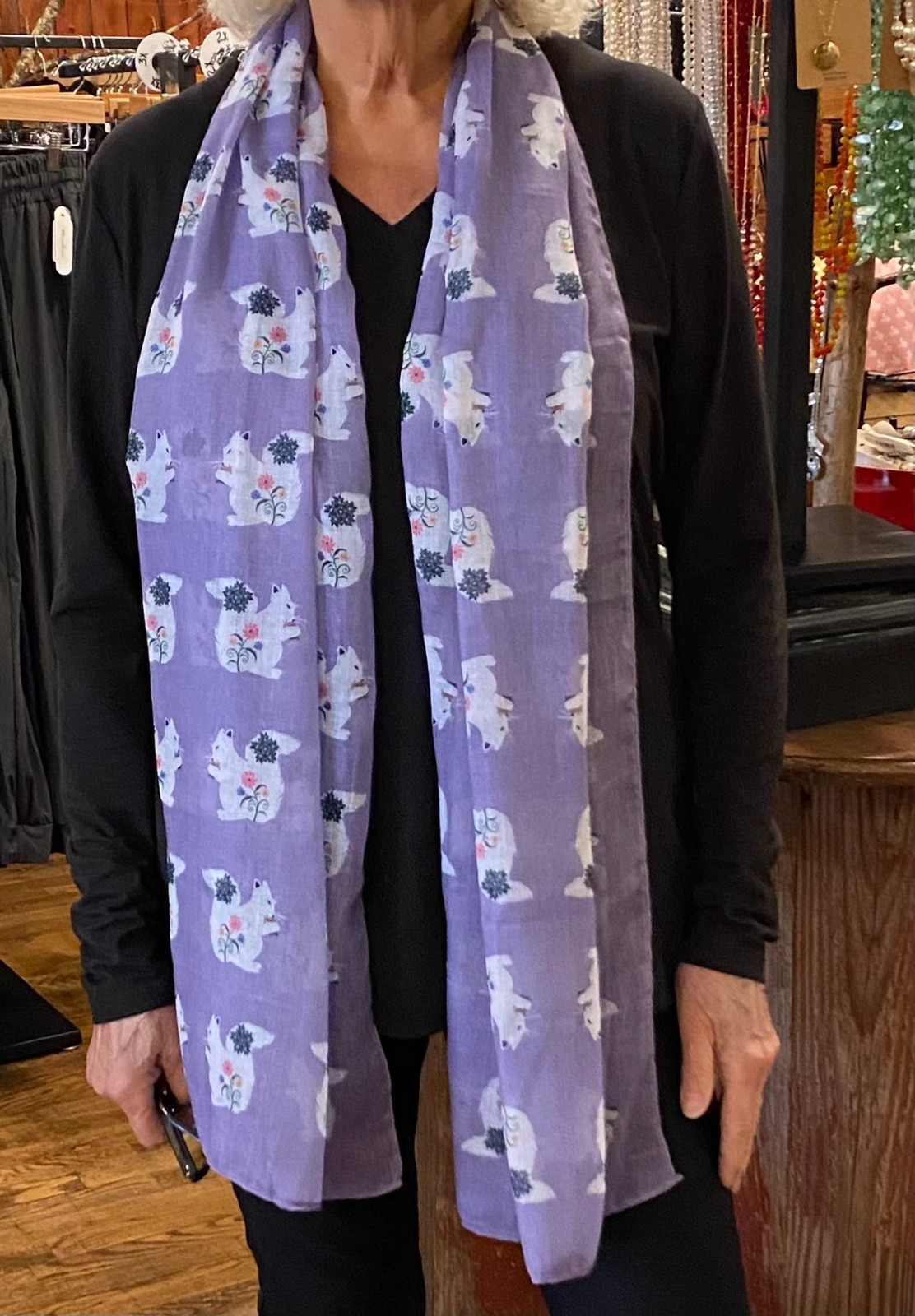 Floral White Squirrel Scarf – Lightweight Designer Wrap 72×28 Inches