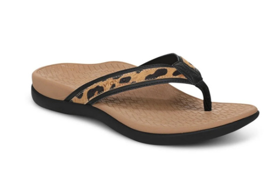 Vionic Women’s Tide 2.0 Toe Post Sandal, Black Leopard Print Suede