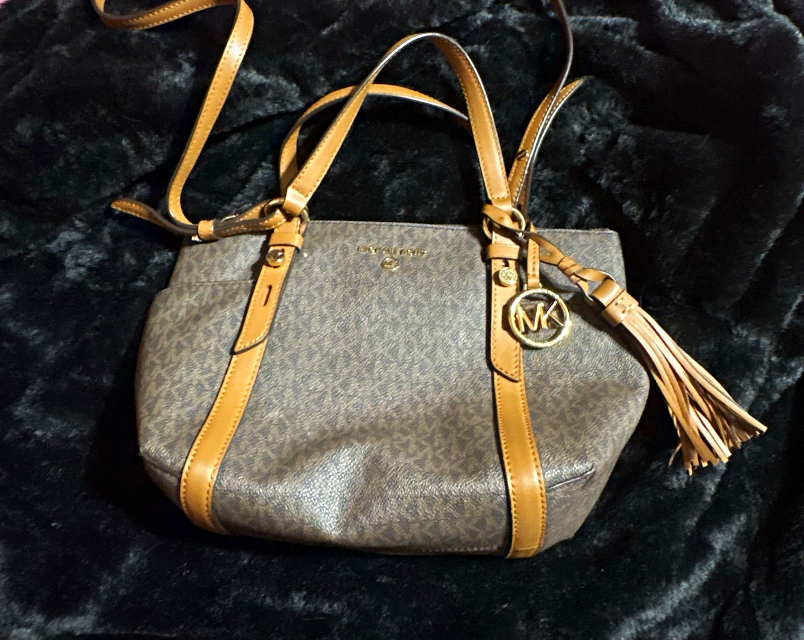 Michael Kors Brown Tan Logo Satchel Top Handle Zip Tassel Charm Gold Hardware