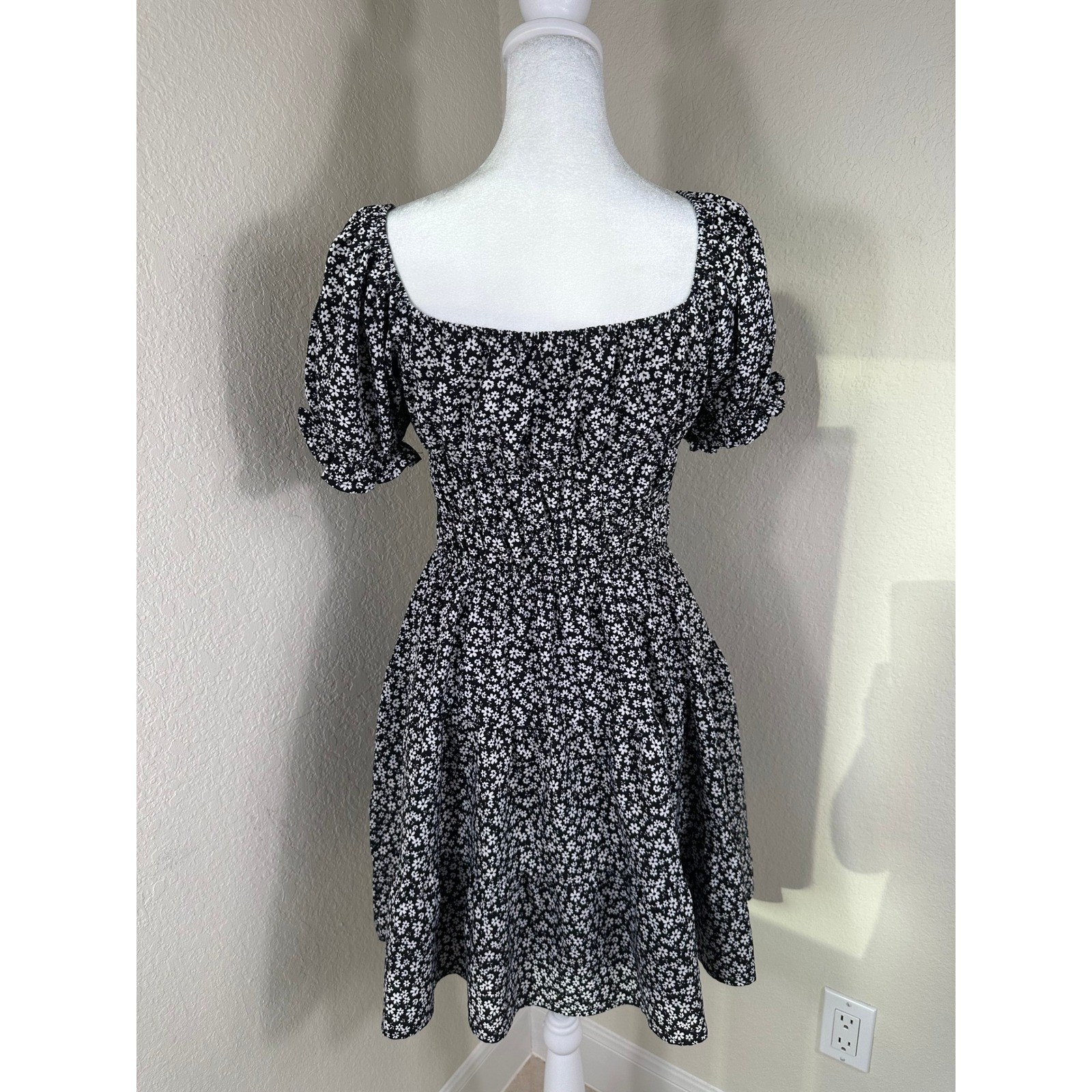 Hesperus Floral Mini Dress Womens L Black White Cottagecore Boho Y2K Babydoll