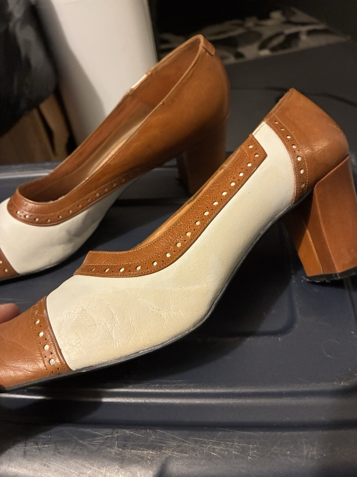 Mayte Brown/Ivory Leather SColorblock Pump Slip On US 10 (see pics!)
