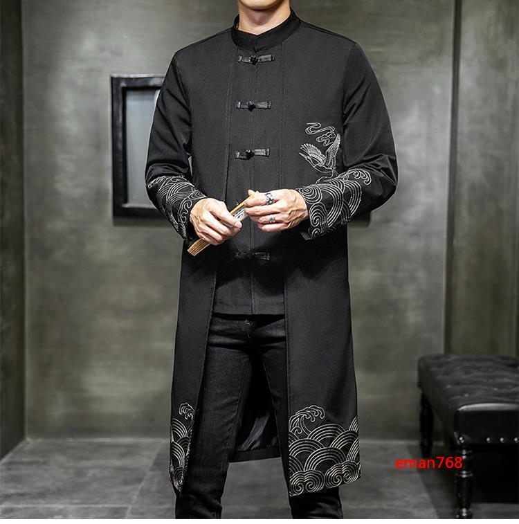Chinese Style Tang Suit Jacket Mens Mid Long Buttons Slim Embroidery Coats Size