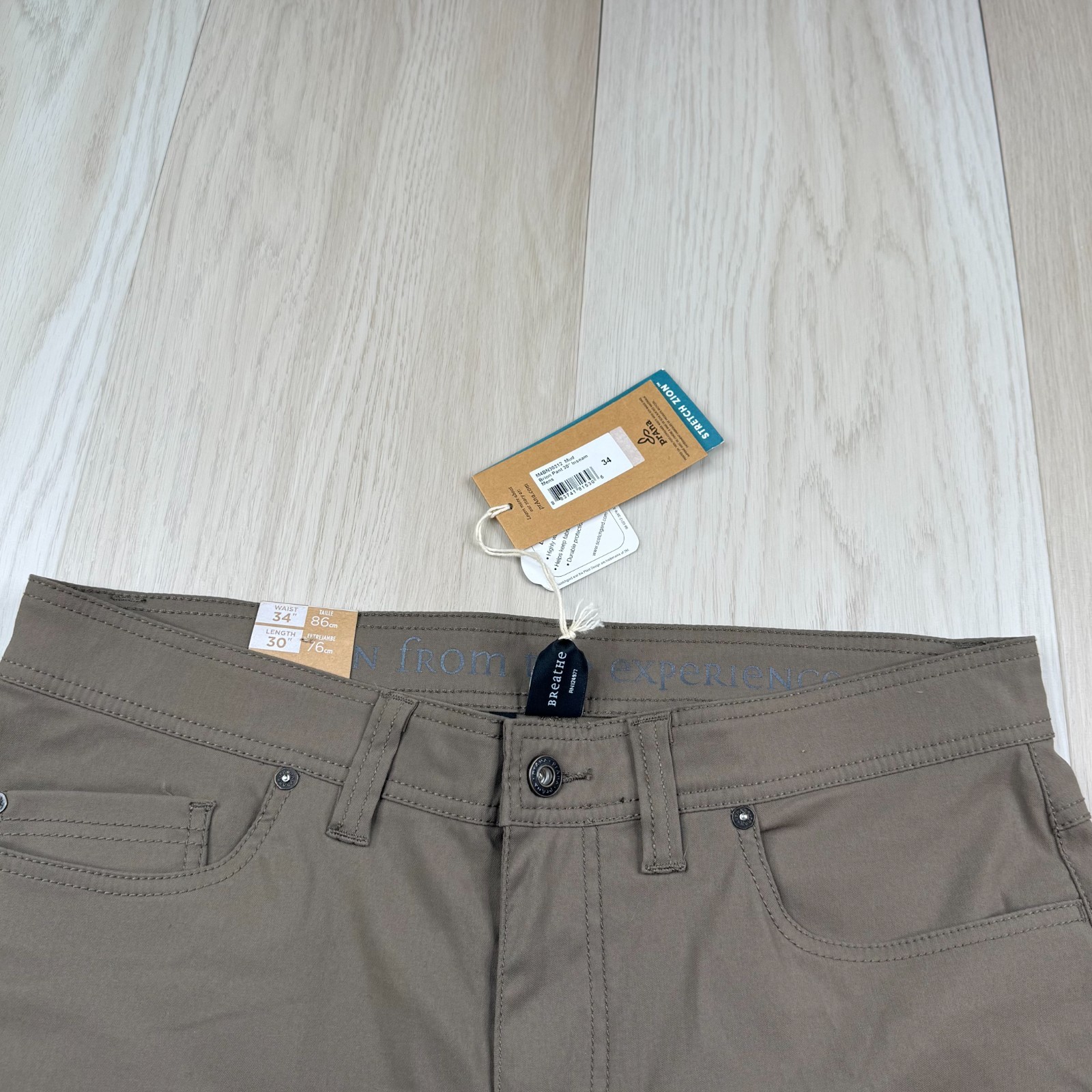 NWT PrAna Mens Brown Mud Slim Fit Stretch UPF 50+ Brion Chino Pant Size 34×30