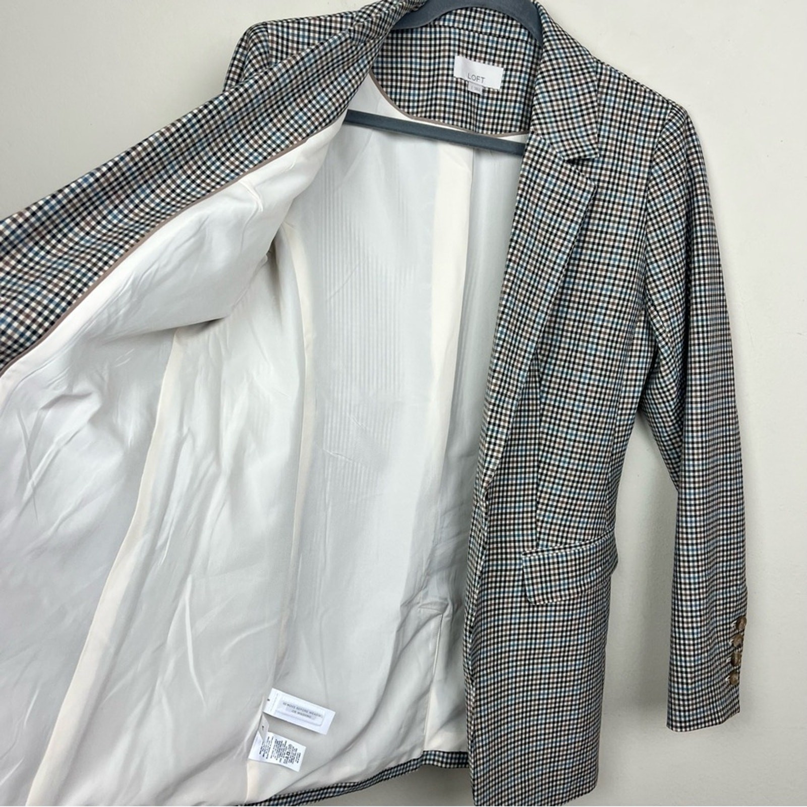 LOFT Checked Long Modern Blazer 2 Women’s Classic Brown Blue Tan Casual Chic