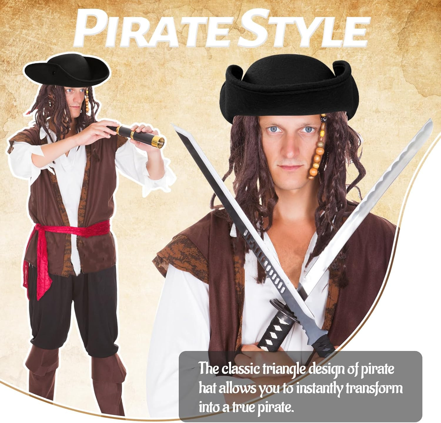 Pirate Tricorn Hat Colonial Costume Accessory for Halloween Cosplay Party