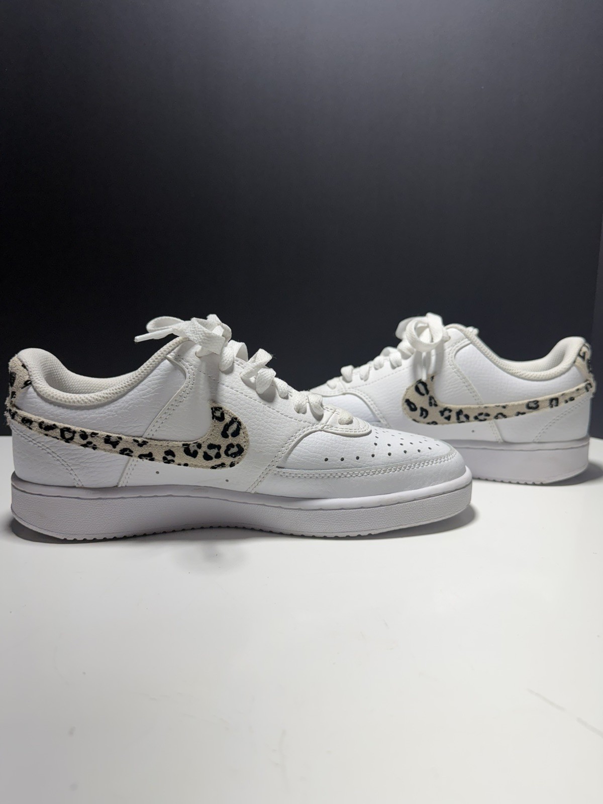 Size 7.5- Nike Court Vision Low Leopard Swoosh – White