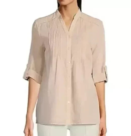 NWT $178 J.McLaughlin Riviera Linen-Blend Blouse Button Up Shirt S Tan