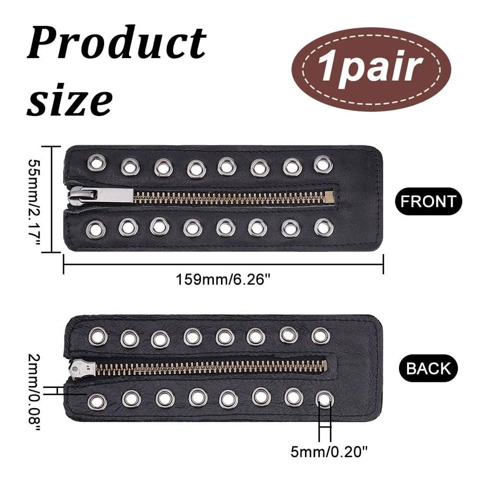 Leather Lace-in Boot Zipper Inserts, 2.1×6.2″ Black-smooth