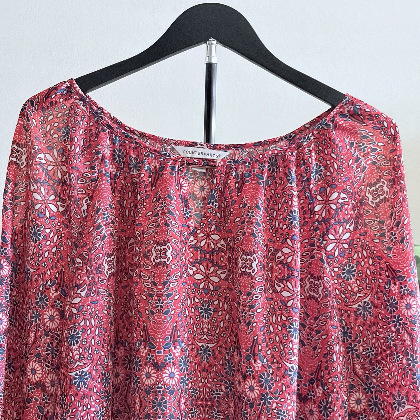 Counterparts Womens XL Boho Floral Blouse 3/4 Sleeve Keyhole Neck Red Multicolor