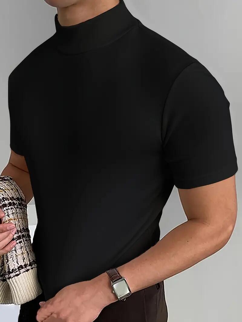Fashion Men High Neck Short Sleeve T-Shirt Sophisticated Soft Fabric Black New
