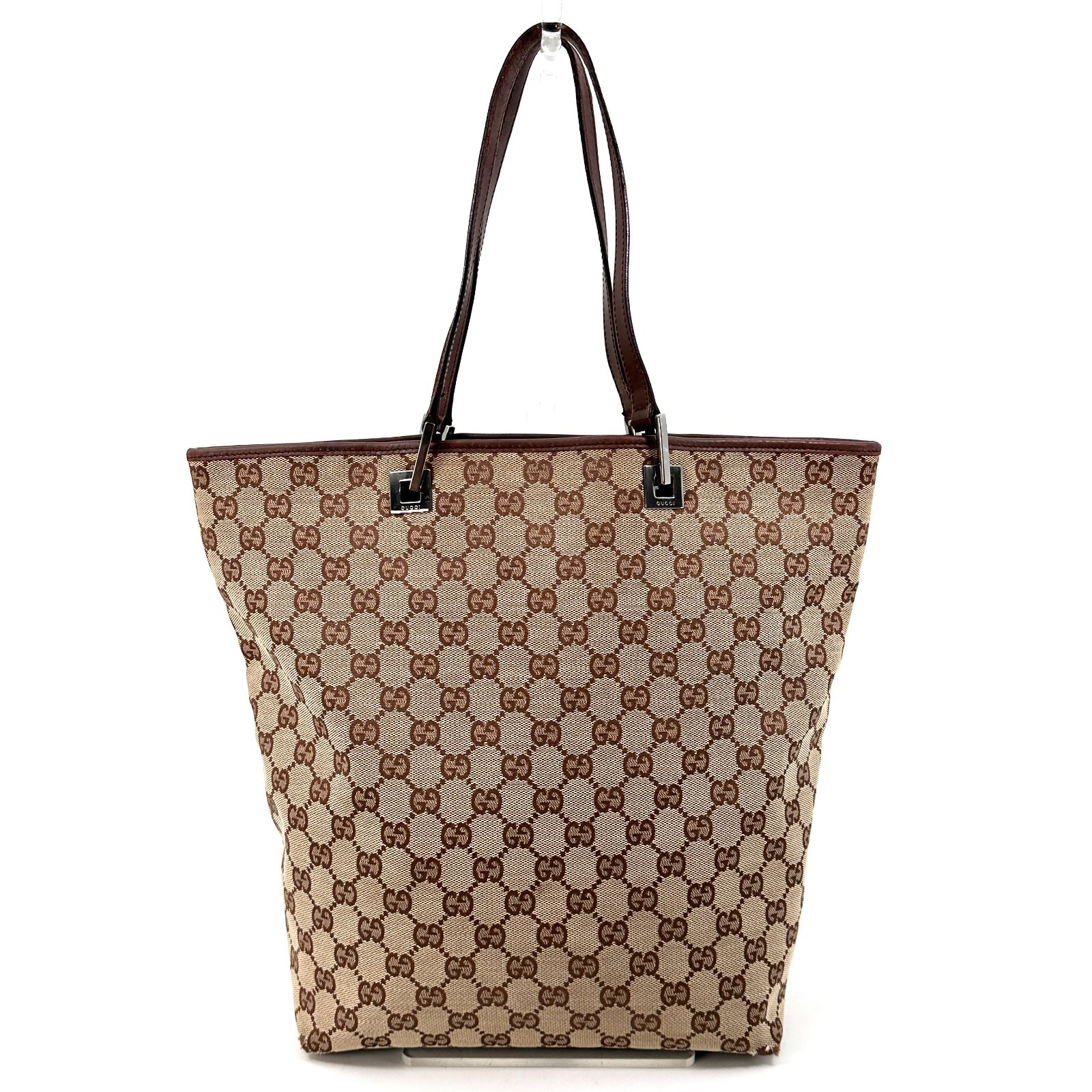 GUCCI GG Canvas Tote Bag Shoulder Brown 31243 Leather Trim Italy Authentic