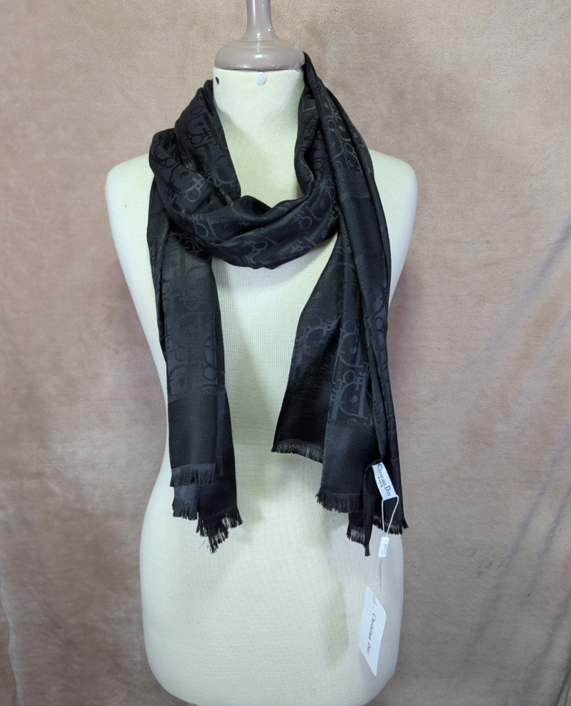 Auth Dior Scarf Shawl Stole Wrap 65% Cashmere 35% Silk Black Used