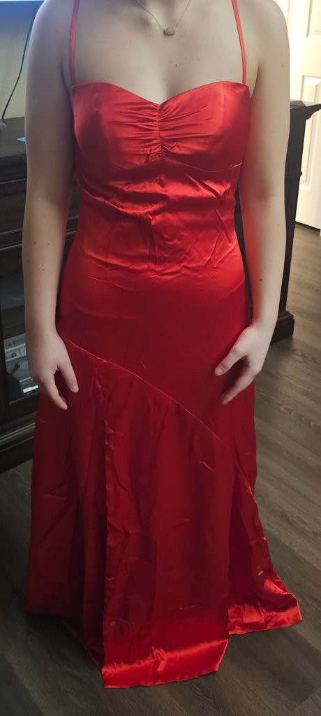 Red Satin Spaghetti Strap Ruched Gown w/ Open Back & Tie Detail