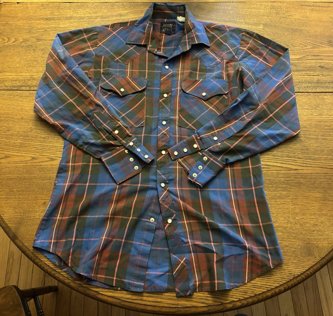 Rock Creek Ranch Men’s Plaid Button-Up Shirt Long Sleeve 15.5×34 Blue/Brown/Red