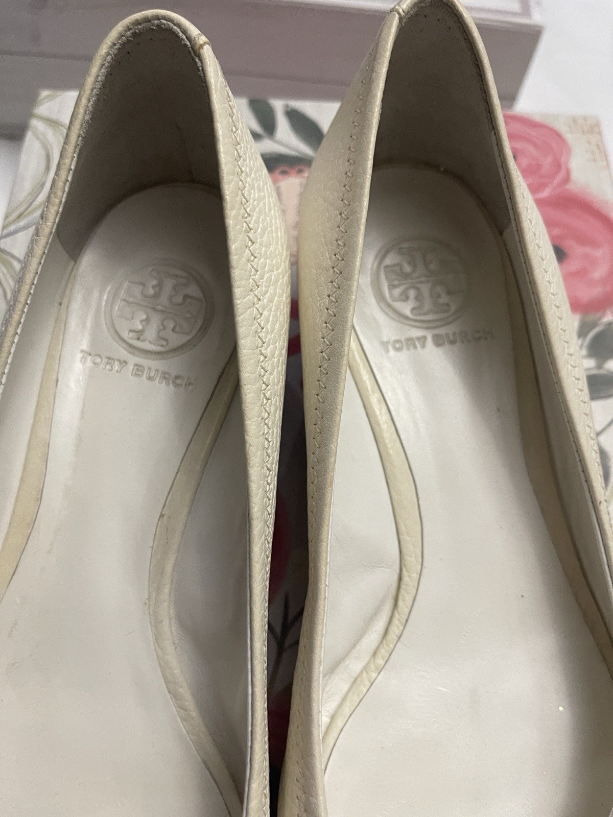 Tory Burch Women’s Ivory Leather Peep Toe Wedge Heels Slip-On Logo Size 8
